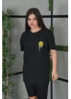 Unisex Bisiklet Yaka Baskılı Oversize T-Shirt - Siyah