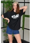 Unisex Bisiklet Yaka Baskılı Oversize T-Shirt - Siyah