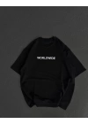 Unisex Bisiklet Yaka Baskılı Oversize T-Shirt - Siyah