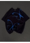 Unisex Bisiklet Yaka Baskılı Oversize T-Shirt - Siyah