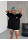 Unisex Bisiklet Yaka Baskılı Oversize T-Shirt - Siyah