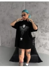 Unisex Bisiklet Yaka Baskılı Oversize T-Shirt - Siyah