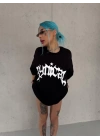 Unisex Bisiklet Yaka Baskılı Oversize T-Shirt - Siyah