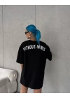 Unisex Bisiklet Yaka Baskılı Oversize T-Shirt - Siyah