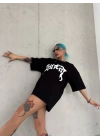 Unisex Bisiklet Yaka Baskılı Oversize T-Shirt - Siyah