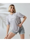 Unisex Bisiklet Yaka Baskılı Slim Fit T-Shirt - Boyalı Gri