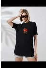 Unisex Bisiklet Yaka Baskılı T-Shirt - Siyah