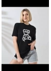Unisex Bisiklet Yaka Baskılı T-Shirt - Siyah