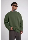 Unisex Biskilet Yaka Üç İplik SweatShirt - Haki