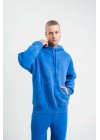 Unisex Double Oversize Kapşonlu Yıkamalı SweatShirt - Mavi