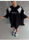 Unisex Flok Kabartma Baskılı T-Shirt - Siyah