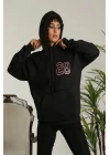 Unisex Kapşonlu Baskılı Sweetshirt - Siyah