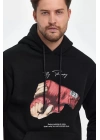 Unisex Kapüşonlu Üç İplik Oversize Baskılı Sweatshirt - Siyah