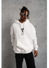 Unisex Sırt Baskılı Kapüşonlu Üç İplik Oversize Sweatshirt - Beyaz