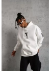 Unisex Sırt Baskılı Kapüşonlu Üç İplik Oversize Sweatshirt - Beyaz