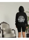 Unisex Sırt Baskılı Kapüşonlu Üç İplik Oversize Sweatshirt - Siyah