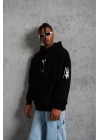 Unisex Sırt Baskılı Kapüşonlu Üç İplik Oversize Sweatshirt - Siyah
