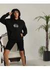 Unisex Sırt Baskılı Kapüşonlu Üç İplik Oversize Sweatshirt - Siyah