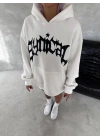 Unisex Üç İplik Kapşonlu Baskılı SweatShirt - Beyaz