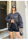 Unisex Uzun Kol Baskılı Bomber Ceket - Siyah