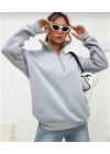 Unisex Uzun Kol Yarım Farmuarlı Yakalı Basic SweatShirt - Gri