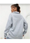Unisex Uzun Kol Yarım Farmuarlı Yakalı Basic SweatShirt - Gri