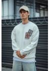 Uzun Kol Bisiklet Yaka Baskılı SweatShirt - Beyaz