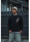 Uzun Kol Bisiklet Yaka Baskılı SweatShirt - Siyah