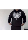 Uzun Kol Kapşonlu Baskılı SweatShirt - Siyah