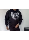 Uzun Kol Kapşonlu Baskılı SweatShirt - Siyah