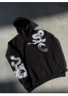 Uzun Kol Kapşonlu Baskılı SweatShirt - Siyah
