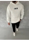 Uzun Kol Kapşonlu Göğüs Baskılı SweatShirt - Beyaz