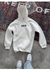 Uzun Kol Kapşonlu Göğüs Baskılı SweatShirt - Beyaz