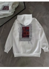Uzun Kol Kapşonlu Ön Ve Arka Baskılı SweatShirt - Beyaz