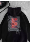 Uzun Kol Kapşonlu Ön Ve Arka Baskılı SweatShirt - Siyah