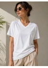 V Yaka Basic Tişört Kısa Kol Yazlık Regular Fit T-Shirt - Beyaz