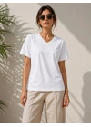 V Yaka Basic Tişört Kısa Kol Yazlık Regular Fit T-Shirt - Beyaz