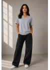 V Yaka Basic Tişört Kısa Kol Yazlık Regular Fit T-Shirt - Gri