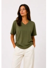 V Yaka Basic Tişört Kısa Kol Yazlık Regular Fit T-Shirt - Haki