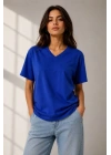 V Yaka Basic Tişört Kısa Kol Yazlık Regular Fit T-Shirt - Saks Mavisi