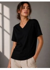 V Yaka Basic Tişört Kısa Kol Yazlık Regular Fit T-Shirt - Siyah