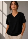 V Yaka Basic Tişört Kısa Kol Yazlık Regular Fit T-Shirt - Siyah