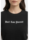 Wafıl Kumaş Tişört Regular Kalıp Bisiklet Yaka Baskılı Günlük Basic T-Shirt - Siyah
