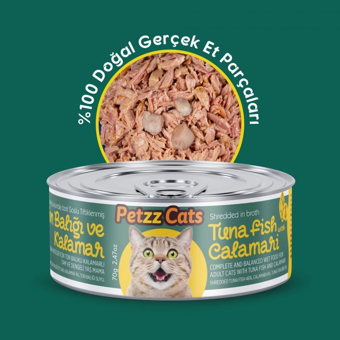 PetzzCats Lezzetli Sos İçinde Taze Fileto Ton Balıklı ve Kalamarlı Konserve Kedi Maması 70 Gr