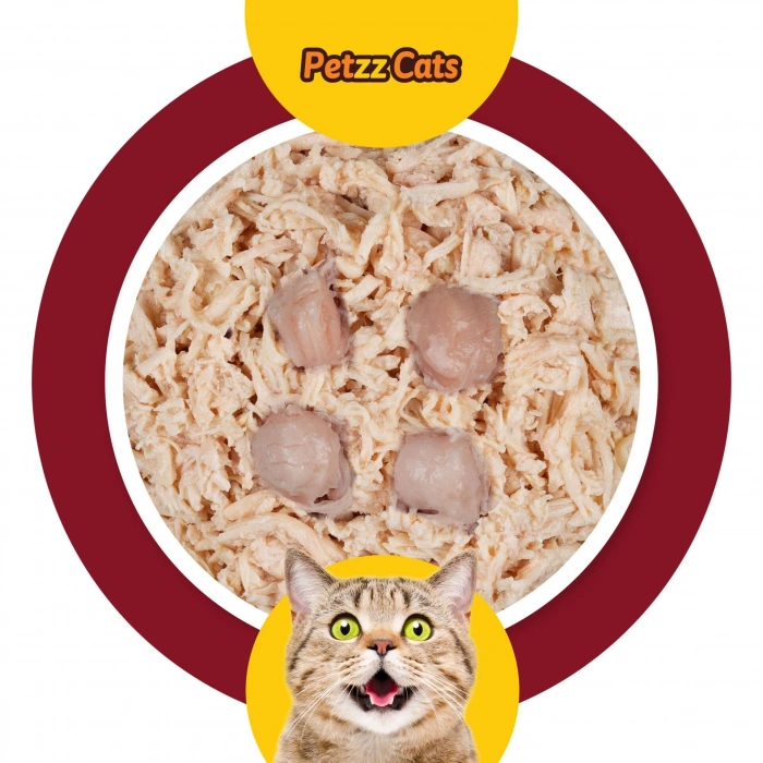 PetzzCats Lezzetli Sos İçinde Tiftiklenmiş Taze Tavuk Etli ve Kalamarlı Konserve Kedi Maması 70 Gr