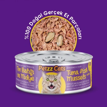 PetzzCats Lezzetli Sos İçinde Taze Fileto Ton Balıklı ve Midyeli Konserve Kedi Maması 70 Gr