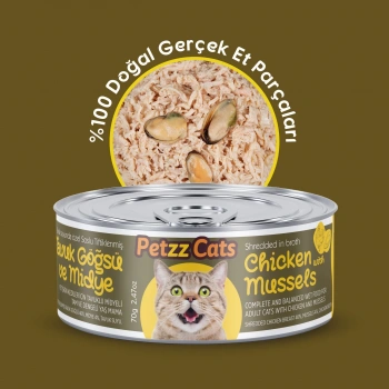 PetzzCats Lezzetli Sos İçinde Tiftiklenmiş Taze Tavuk Etli ve Midyeli Konserve Kedi Maması 70 Gr
