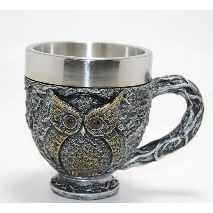 3D Kabartmalı Baykuş Büstü Paslanmaz Çelik Kupa Bardak VIVA882