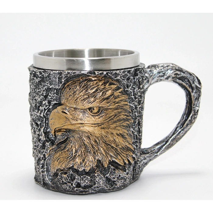3D Kabartmalı Kartal Büstü Paslanmaz Çelik Kupa Bardak VIVA874