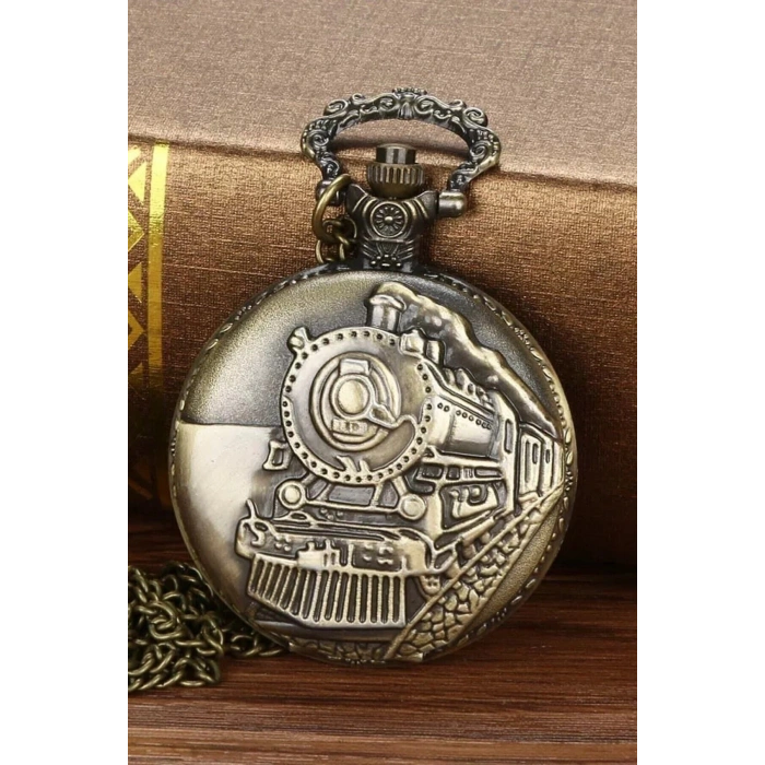 Kabartmalı Tren Temalı Köstekli Cep Saati